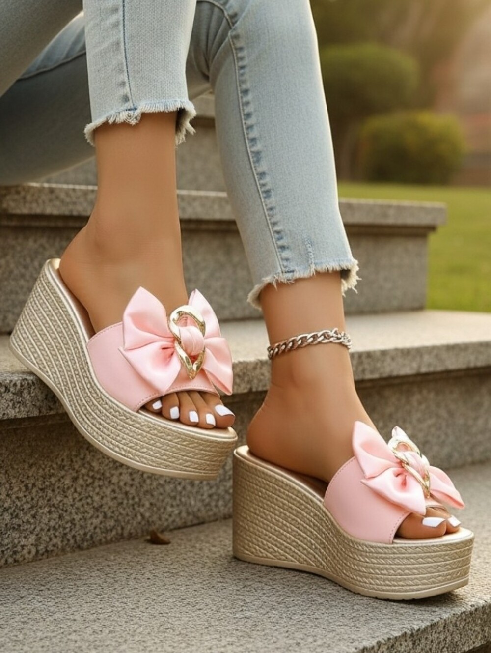 Gold Chain Oversized Bow Platform Open Toe Shoes Slip On Coquette Sandals Pink